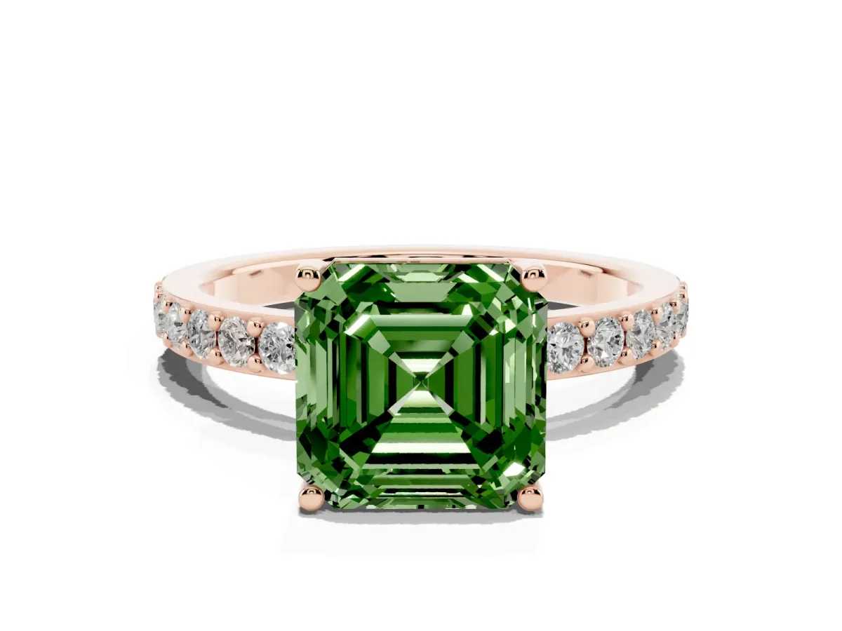 Fancy Green Asscher Cut Cut Diamond Solitaire with Pave Band and Four-Prong Setting Rose gold