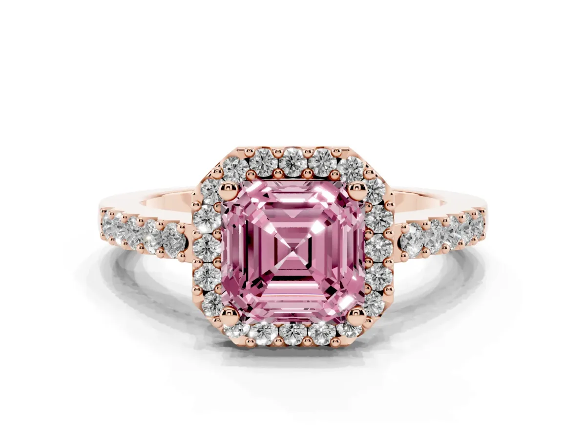 Fancy Pink Asscher Cut Halo Diamond Pavé Solitaire Ring Rose gold
