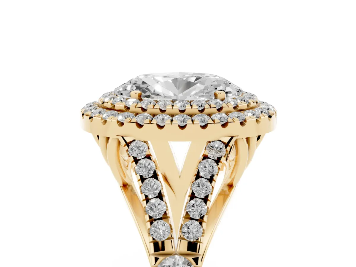 Oval Cut Diamond Pavé Split Shank Double Halo Engagement Ring Yellow gold