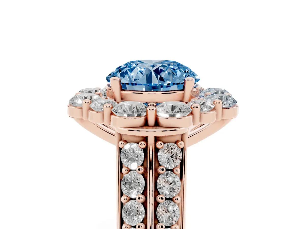 Fancy Blue Round Cut Halo Diamond Engagement Ring with Split Shank and Prong Setting Rose gold