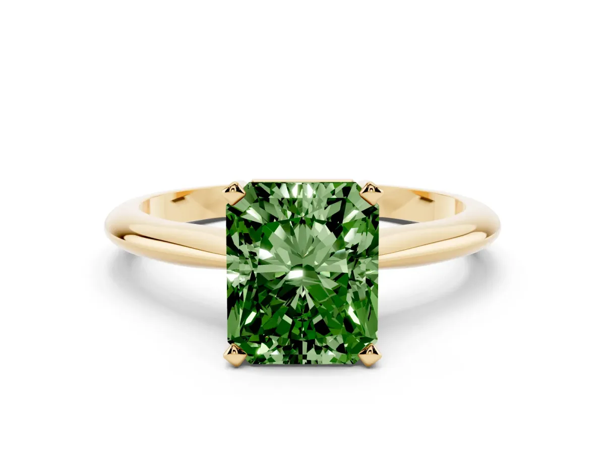 Fancy Green Radiant Cut Cut Solitaire Ring with Four-Prong Setting on a Classic Band Yellow gold