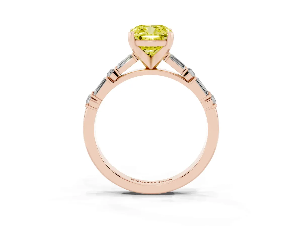 Fancy Yellow Cushion Cut Diamond Solitaire with Side Baguettes and Channel Set Band Rose gold