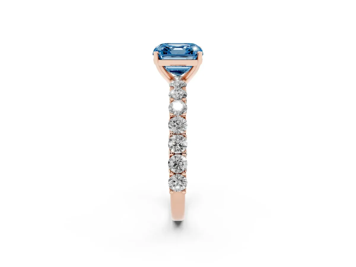 Fancy Blue Asscher Cut Diamond Solitaire Ring with Shared Prong Pavé Band and Four-Prong Setting Rose gold