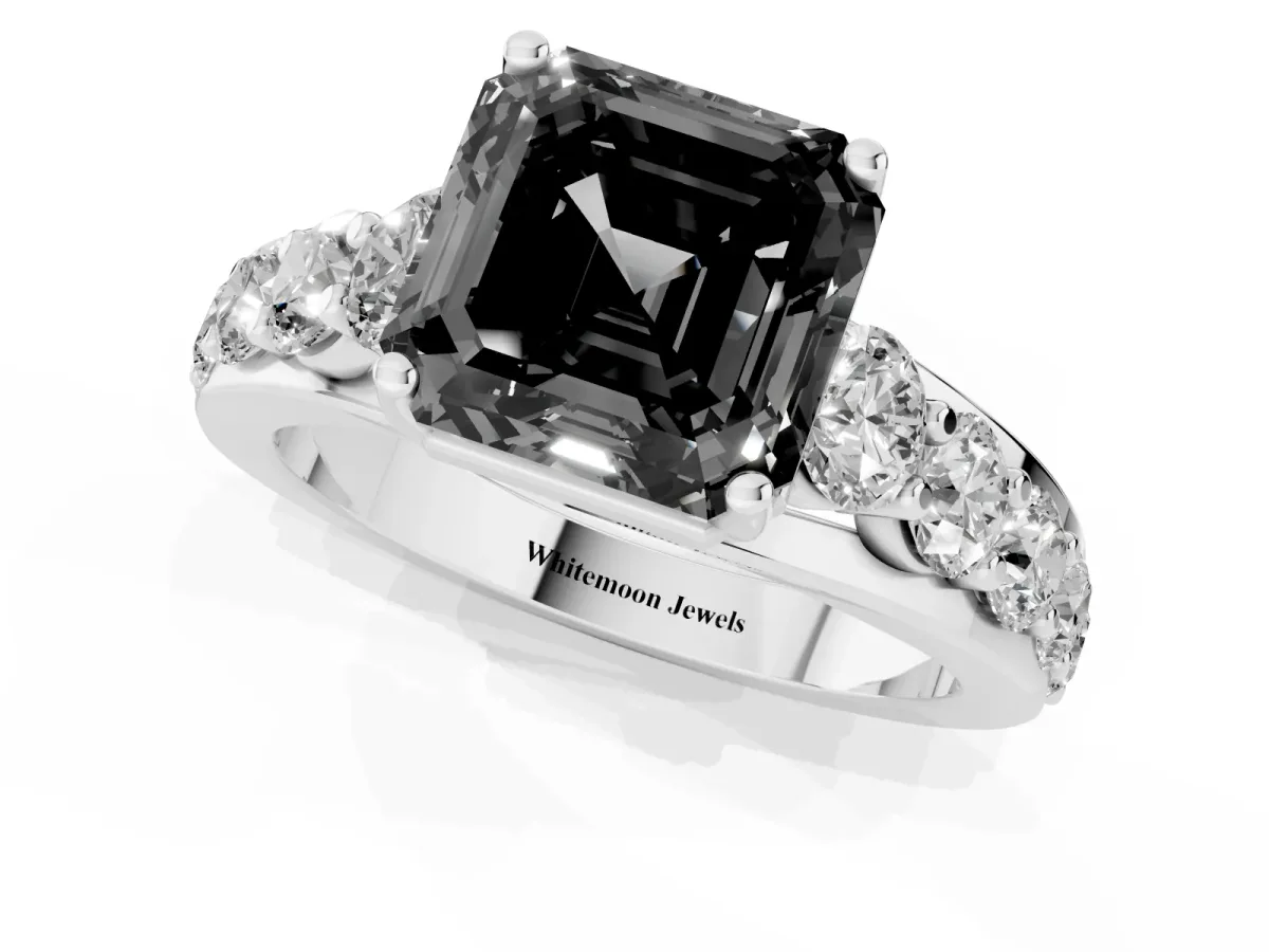 Fancy Black Asscher Cut Diamond Engagement Ring with Pavé Band and Four-Prong Setting Platinum