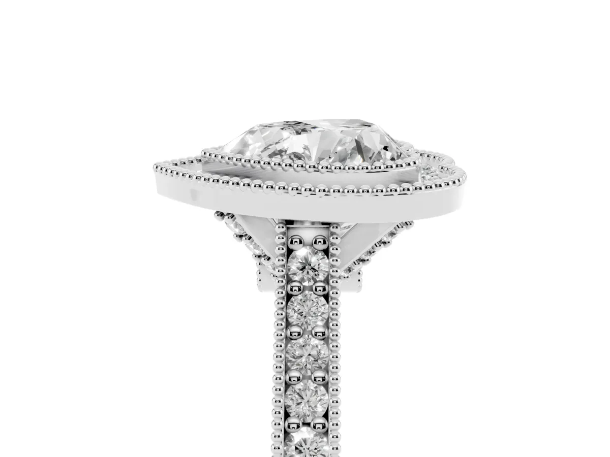 Halo Heart Cut-Cut Diamond Pave Band Milgrain Prong Setting Ring Silver