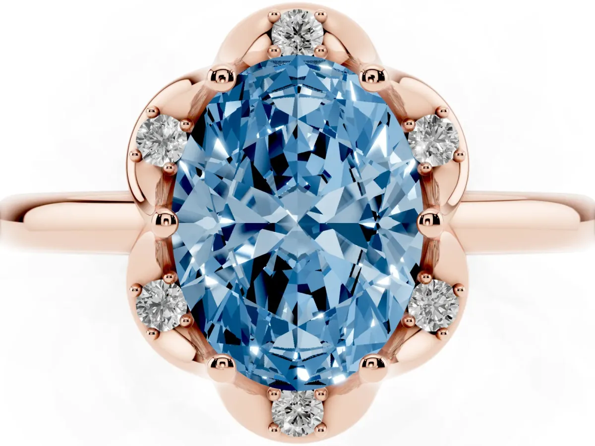 Fancy Blue Oval Cut Halo Diamond Ring with Round Cluster Setting, Solitaire Band, and Four-Prong Setting Rose gold