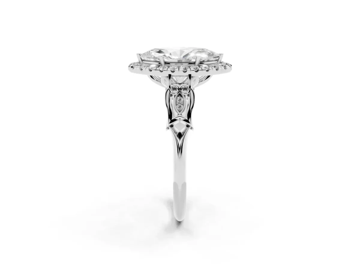 Marquise Cut Halo Diamond Engagement Ring with Filigree Band and Four-Prong Setting White gold
