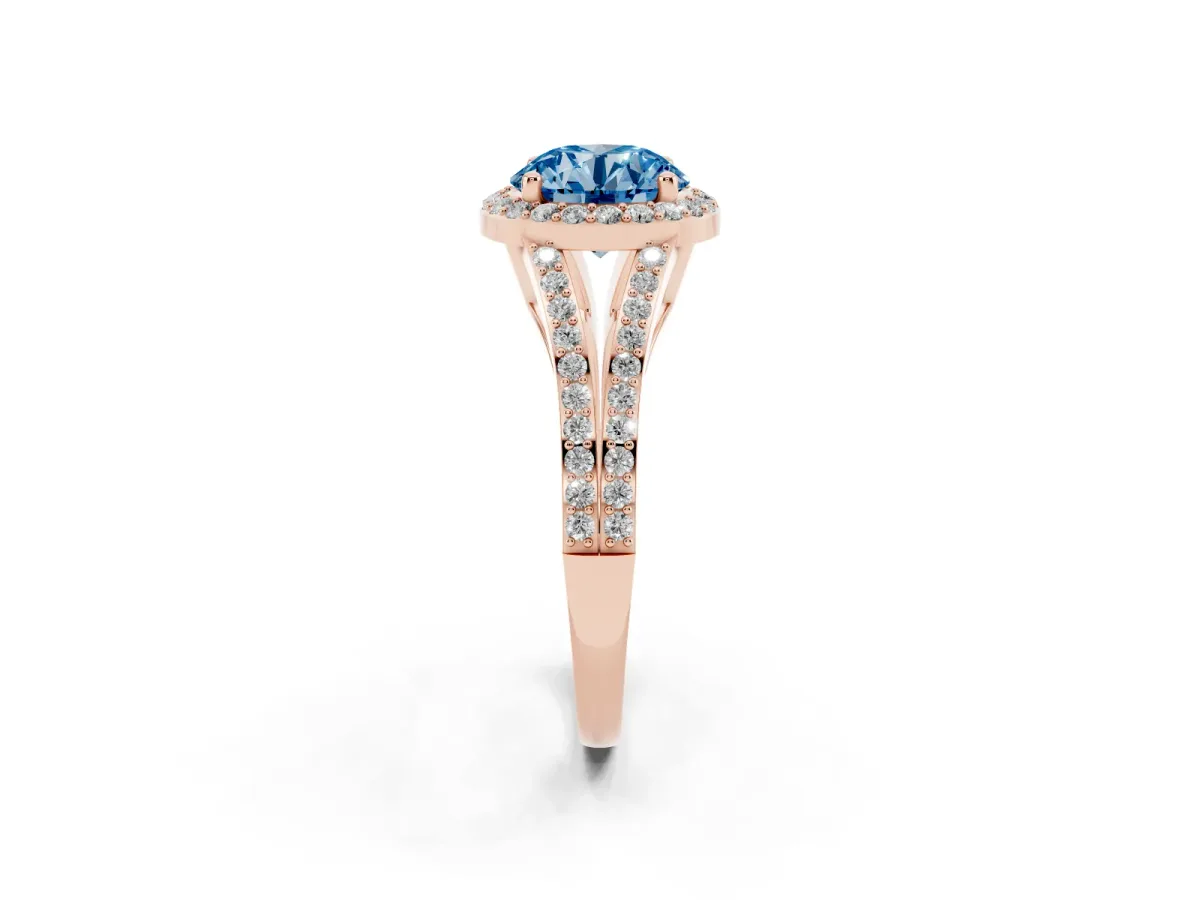 Fancy Blue Round Cut Halo Split Shank Diamond Ring with Prong Setting Rose gold