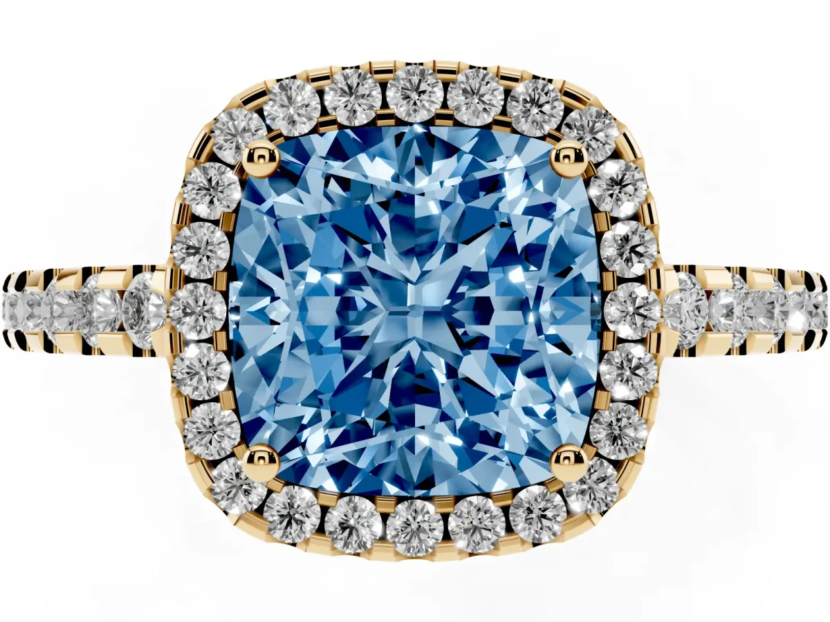 Fancy Blue Cushion Cut Diamond Halo Engagement Ring with Pavé Band and Prong Setting Yellow gold