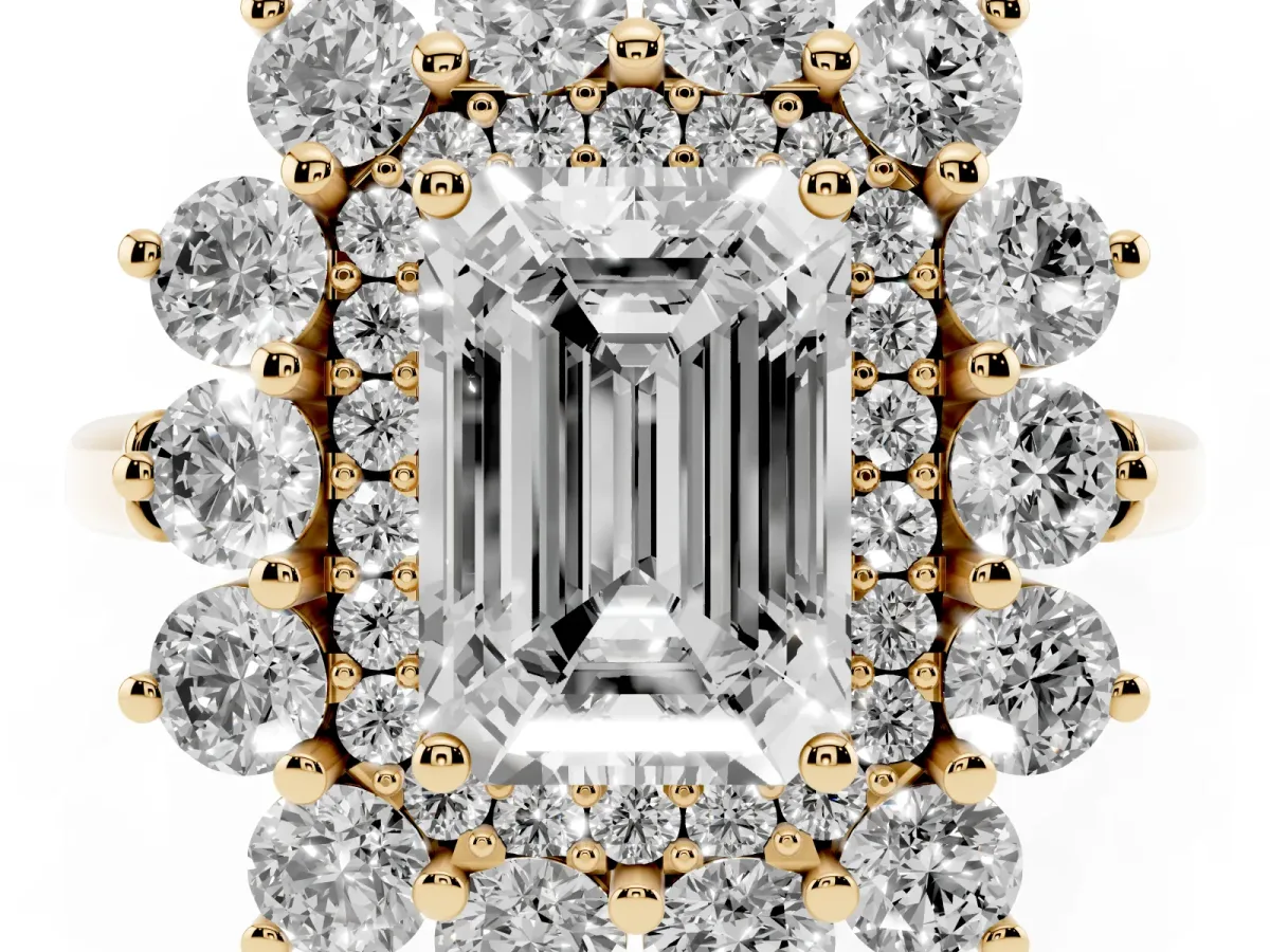 Emerald Cut Diamond Floral Double Halo Engagement Ring with Prong Setting Yellow gold