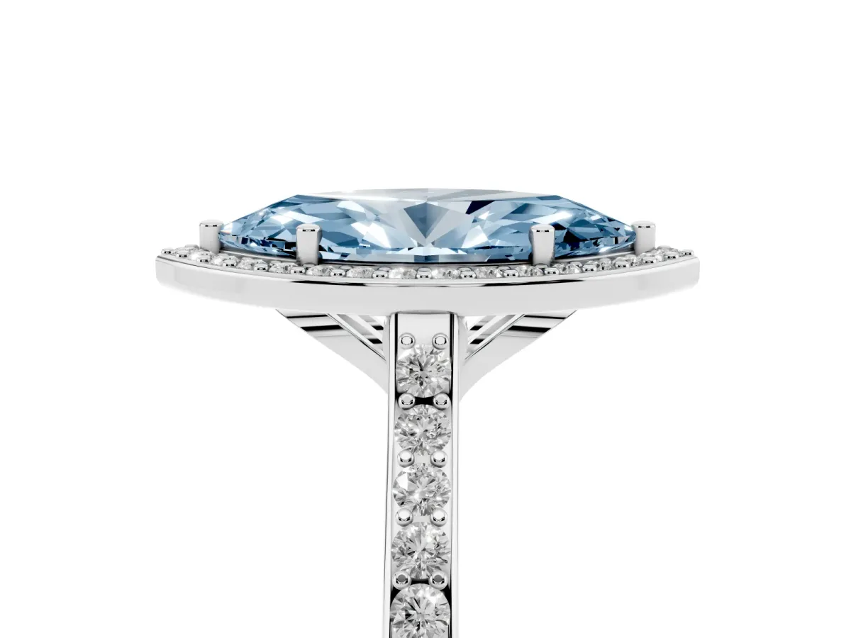 Fancy Blue Marquise Cut Diamond Halo Engagement Ring with Round Pavé Shoulders and Prong Setting Silver