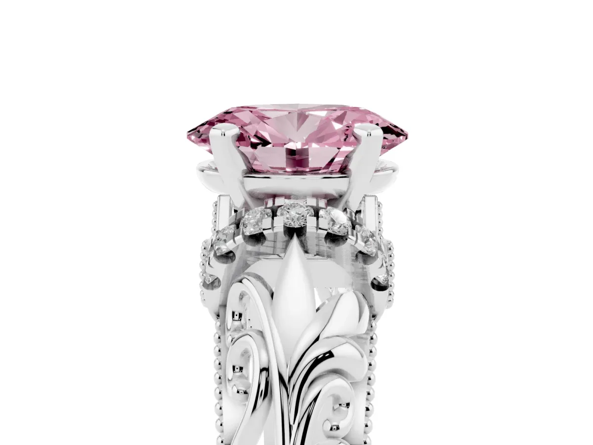 Fancy Pink Oval Cut Solitaire Filigree Engagement Ring with Halo and Prong Setting White gold