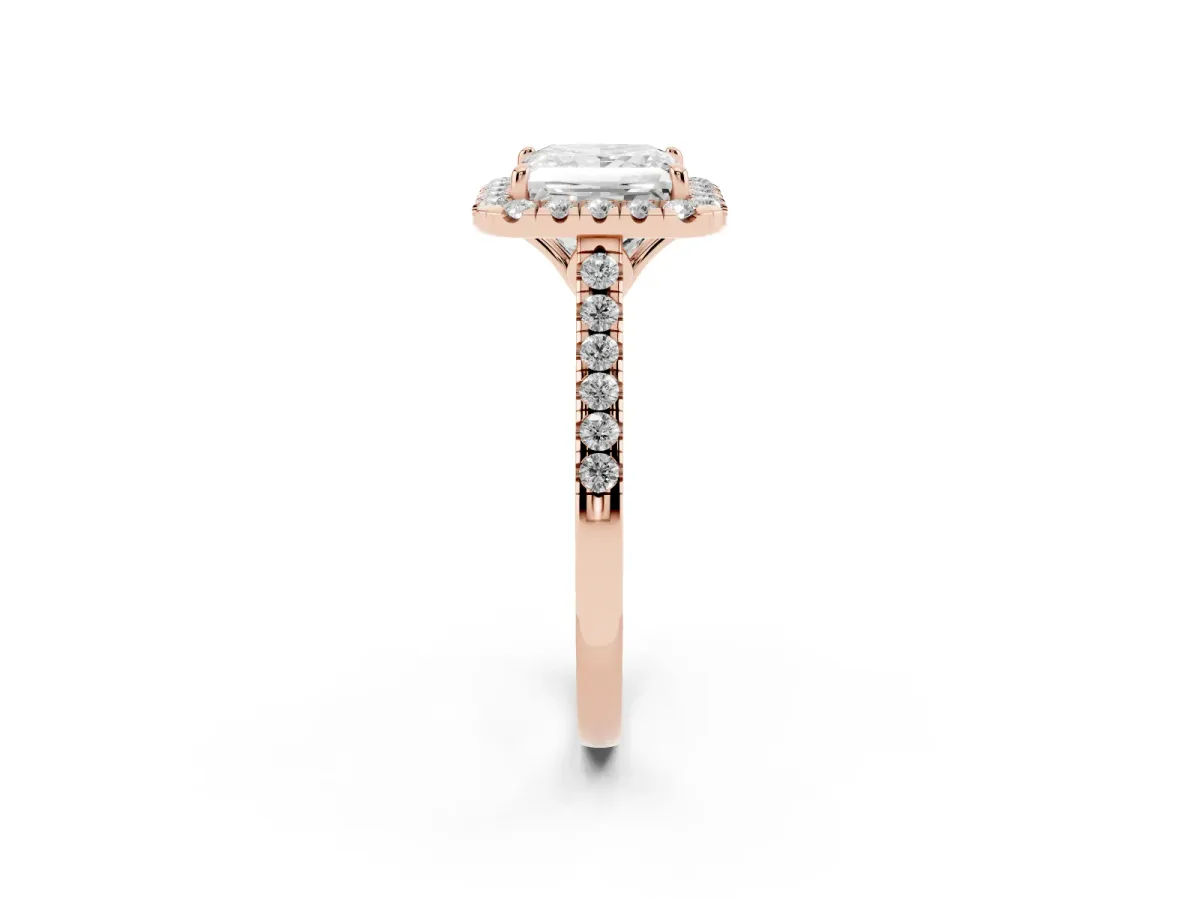 Princess Cut Halo Pavé Diamond Engagement Ring with Four-Prong Setting Rose gold