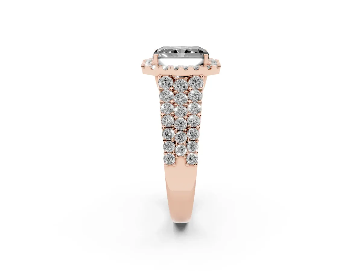 Fancy Black Radiant Cut Diamond Halo Engagement Ring with Triple Row Round Pavé Band and Prong Setting Rose gold