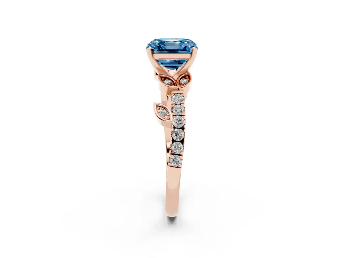 Fancy Blue Asscher Cut Solitaire Leaf-Inspired Diamond Ring with Pavé Band and Four-Prong Setting Rose gold
