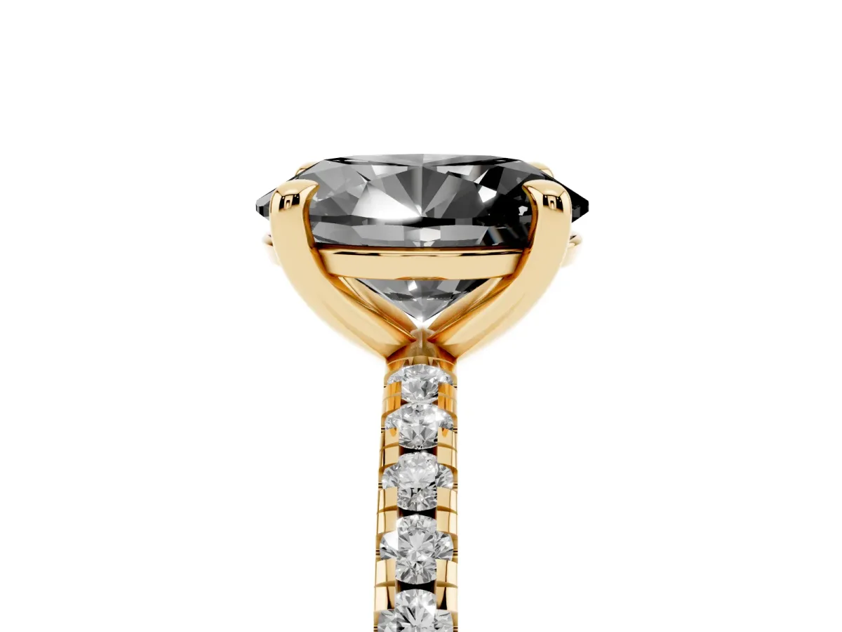 Fancy Black Oval Cut Diamond Brilliant Solitaire Ring with Pavé Band and Four-Prong Setting Yellow gold