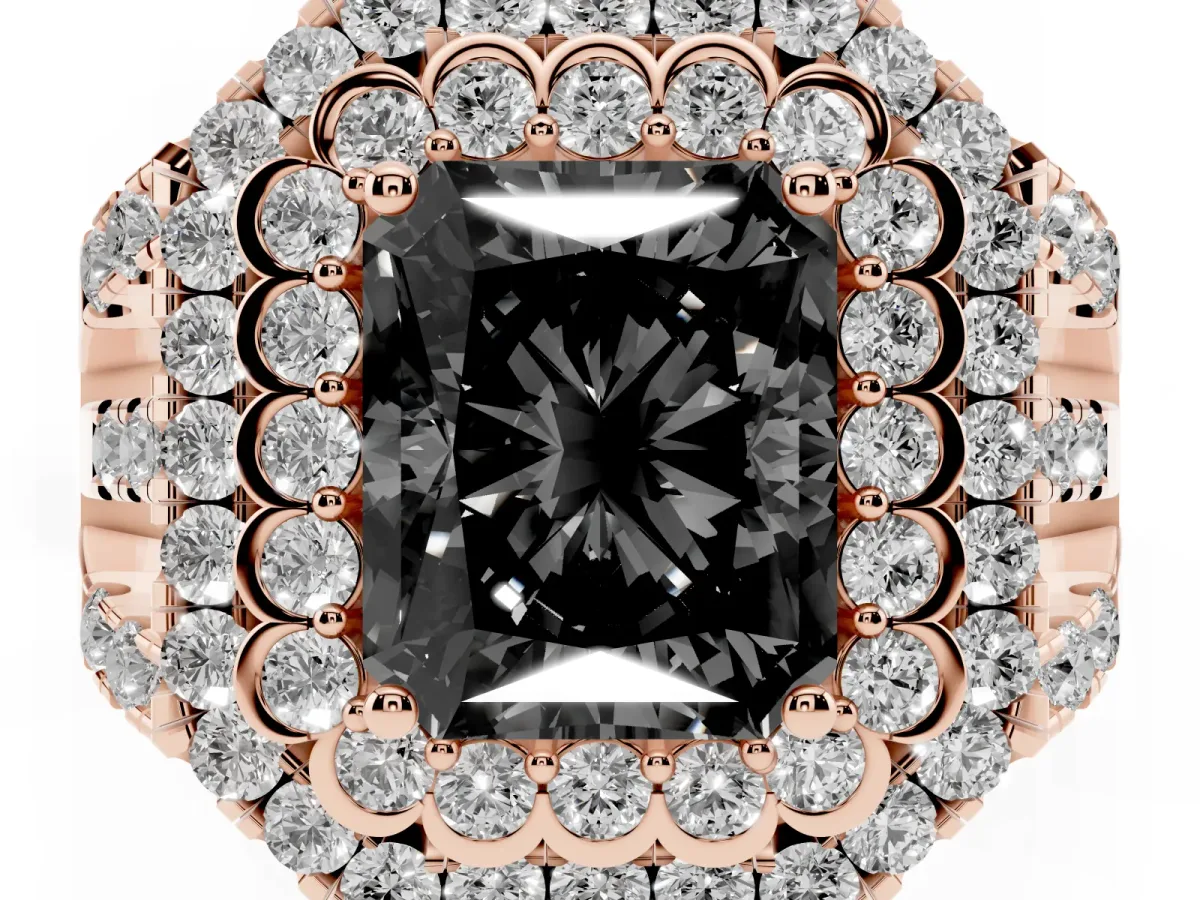 Fancy Black Radiant Cut Diamond Double Halo Ring with Round Pavé Split Shank and Prong Setting Rose gold