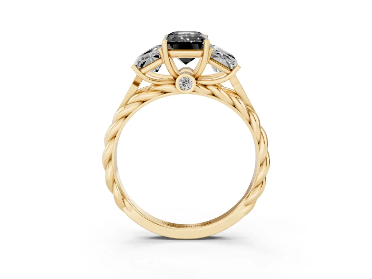 Fancy Black Three-Stone Radiant Cut Diamond Braided Band Ring with Four-Prong Setting Yellow gold