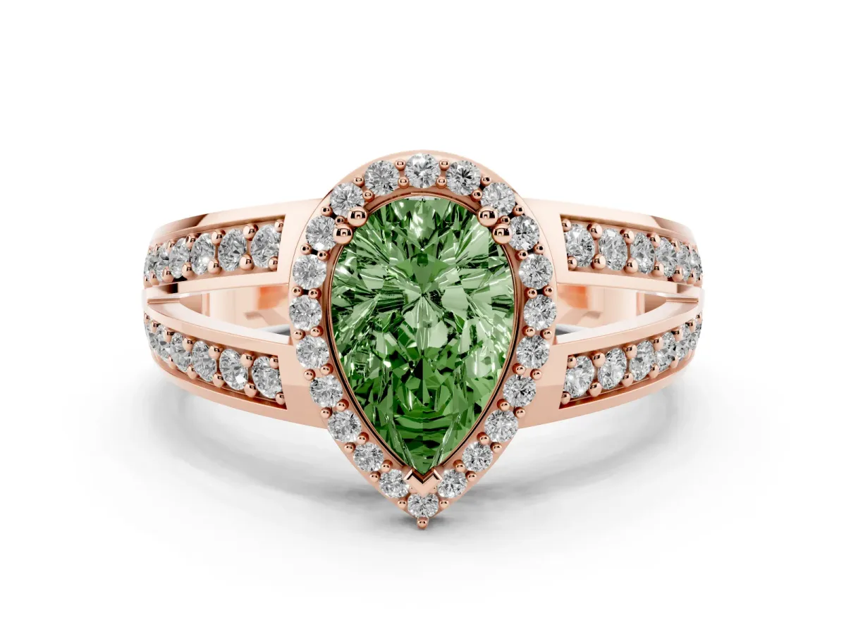 Fancy Green Pear Cut Diamond Halo Ring with Split Shank Pavé Band and Four-Prong Setting Rose gold