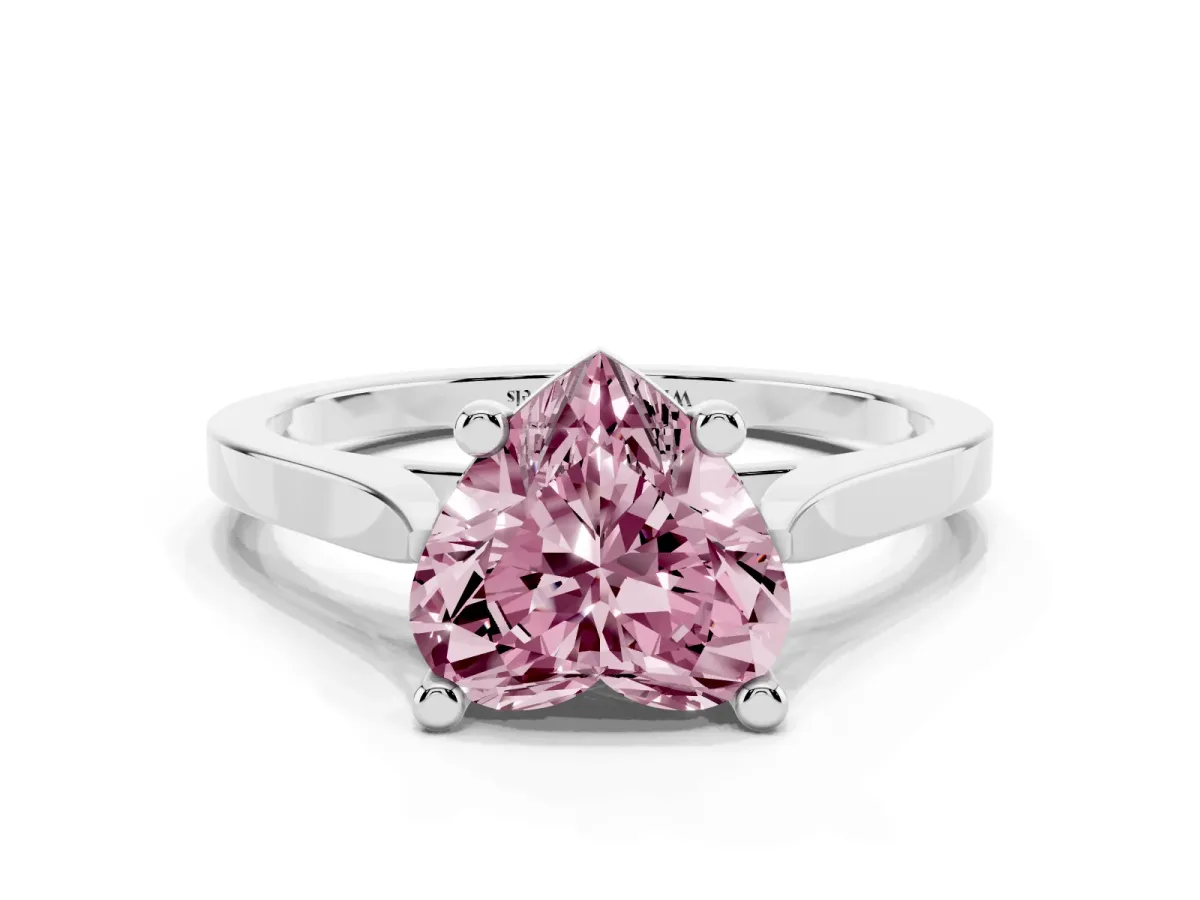Fancy Pink Heart Cut Solitaire Diamond Ring with Four-Prong Setting and Tapered Band Silver