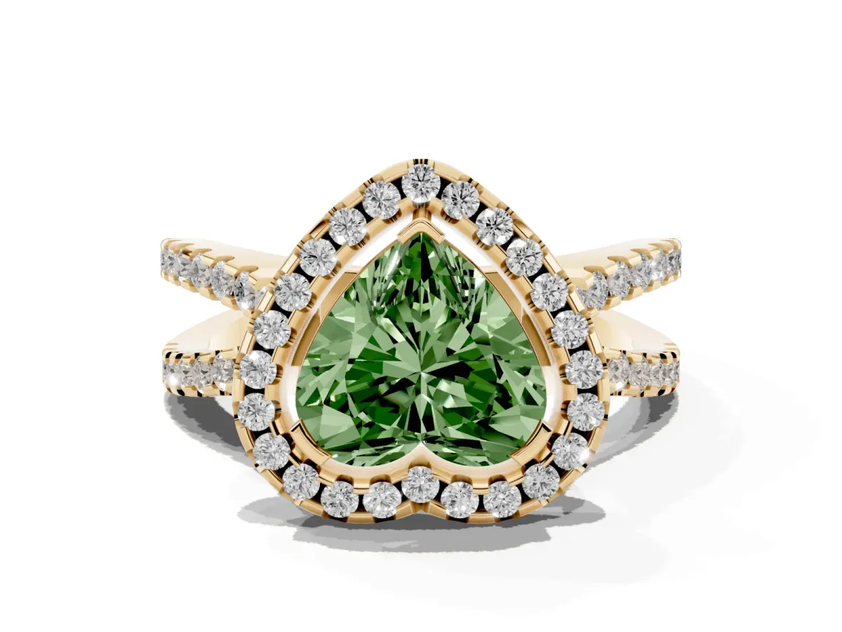 Fancy Green Heart Cut Diamond Halo Ring with Split Shank Pavé Band and Prong Setting Yellow gold