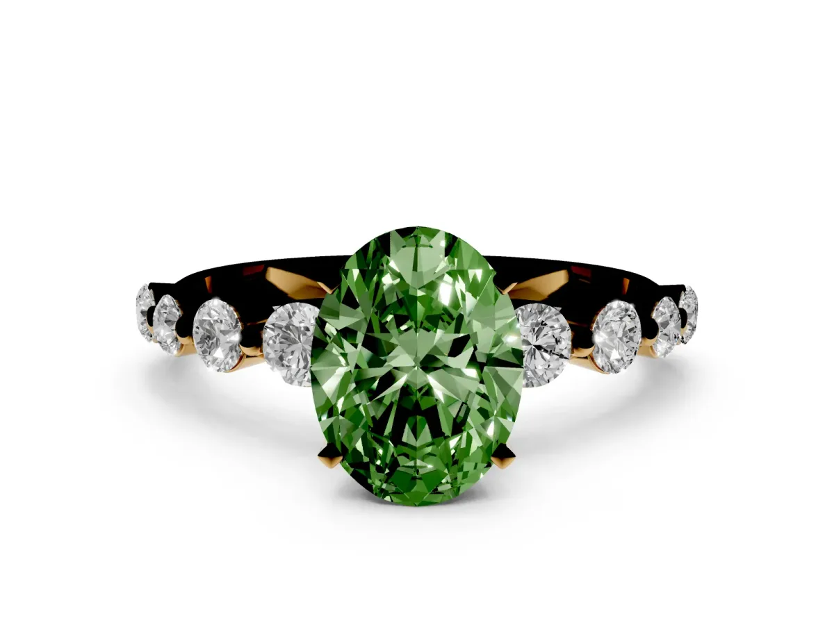 Fancy Green Oval Cut Solitaire Diamond Ring with Pave Band and Four-Prong Setting Yellow gold