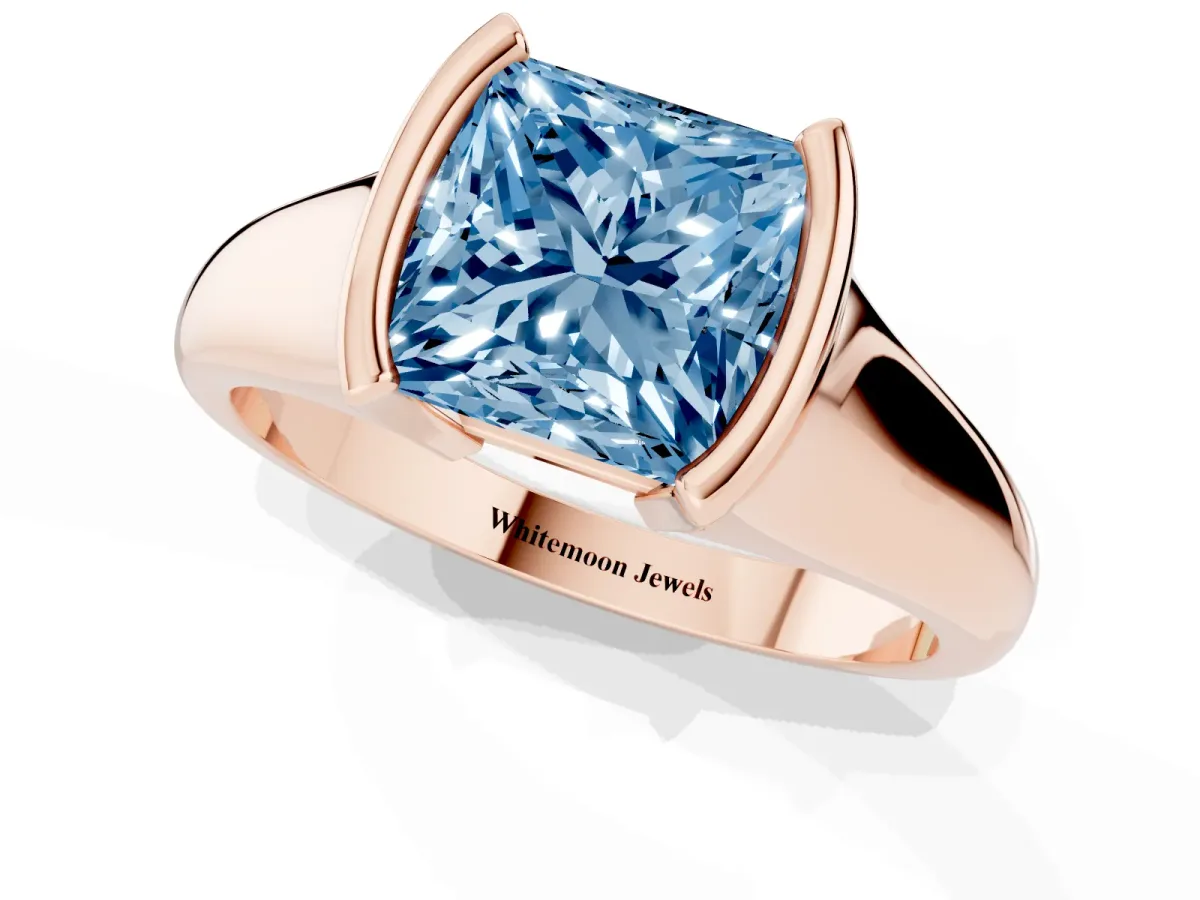 Fancy Blue Princess Cut Solitaire Tension Set Diamond Ring with Split Shank Band Rose gold