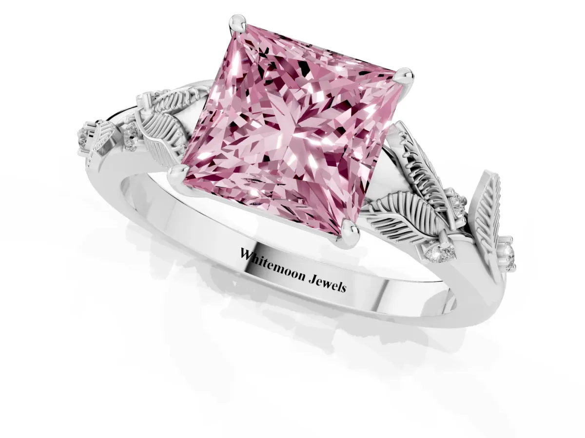 Fancy Pink Princess Cut Diamond Solitaire Ring with Leaf Motif Band and Four-Prong Setting Platinum