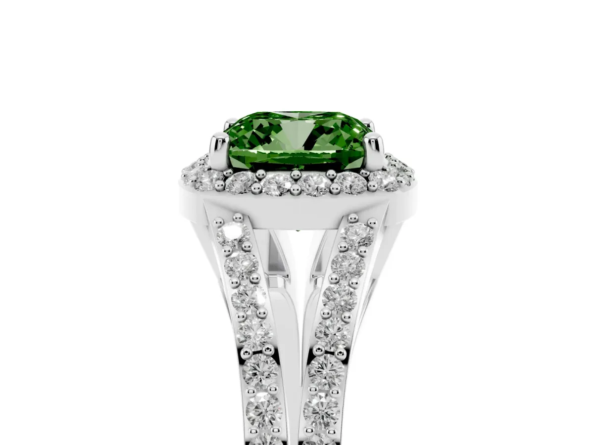 Fancy Green Cushion Cut Halo Split Shank Diamond Ring with Prong Setting Silver