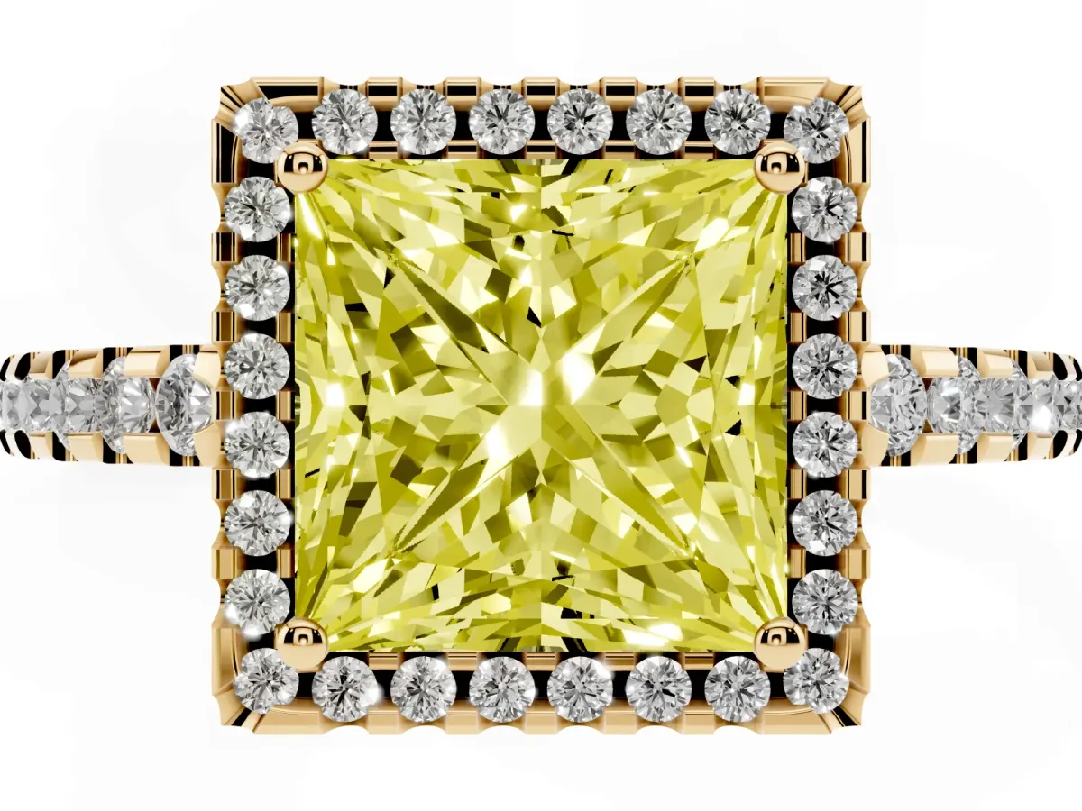 Fancy Yellow Princess Cut Diamond Halo Engagement Ring with Pavé Band and Prong Setting Yellow gold