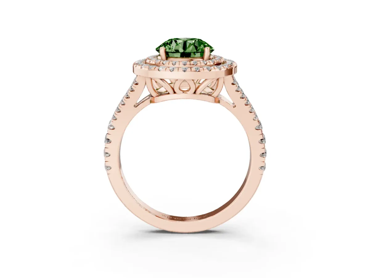 Fancy Green Round Cut Diamond Double Halo Ring with Pavé Band and Prong Setting Rose gold
