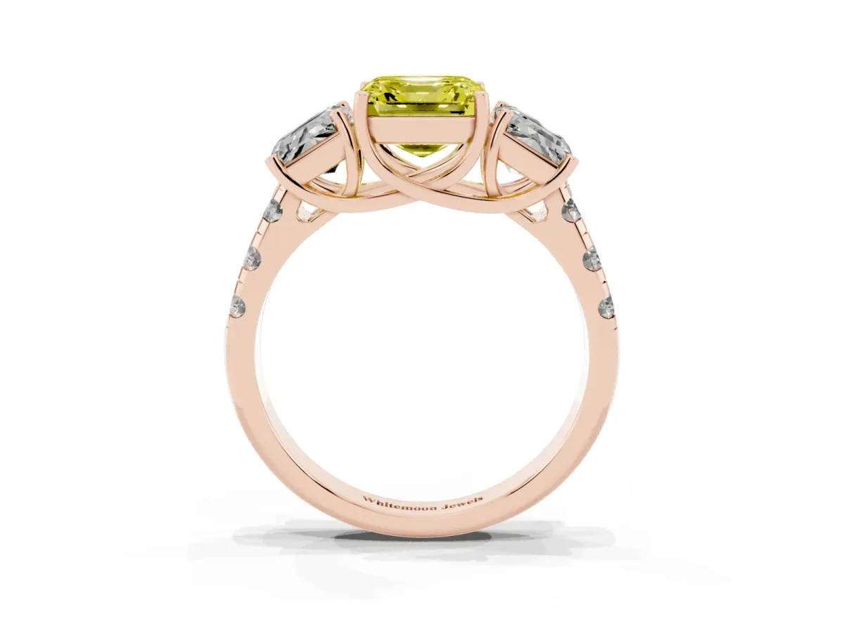 Fancy Yellow Three-Stone Asscher Cut Diamond Pavé Band with Prong Setting Rose gold