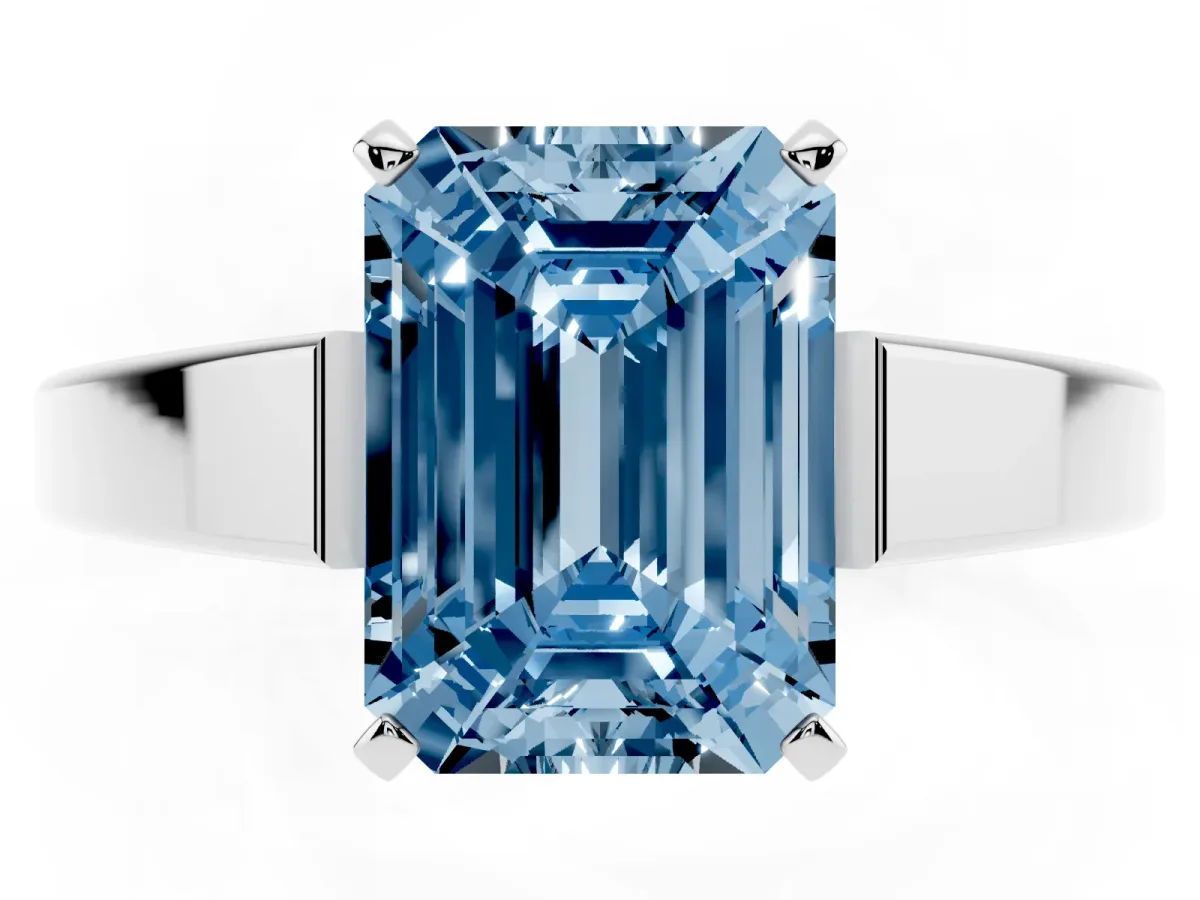 Fancy Blue Emerald Cut Solitaire Engagement Ring with Four-Prong Setting and Tapered Band Silver