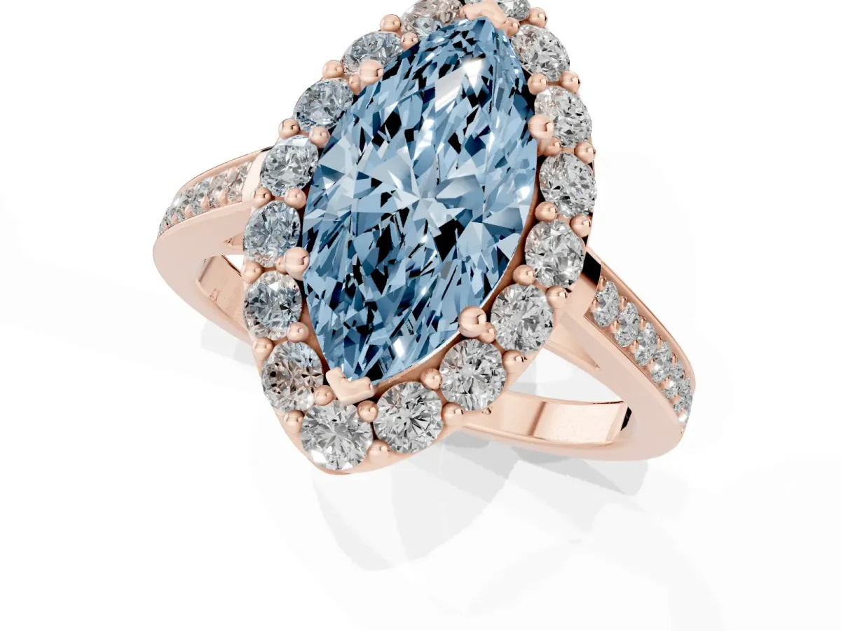 Fancy Blue Marquise Cut Diamond Floral Halo Ring with Pavé Band and Prong Setting Rose gold