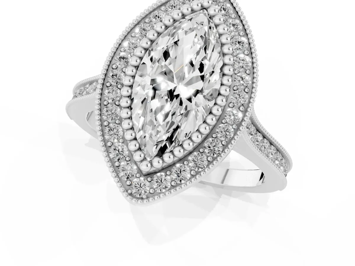 Marquise Cut Diamond Halo Ring with Milgrain Frame and Pavé Band Silver