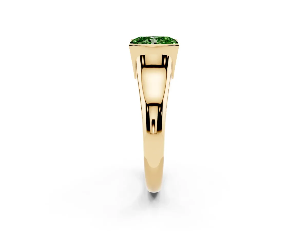 Fancy Green Radiant Cut Solitaire Tension Set Diamond Ring with Split Shank Band Yellow gold