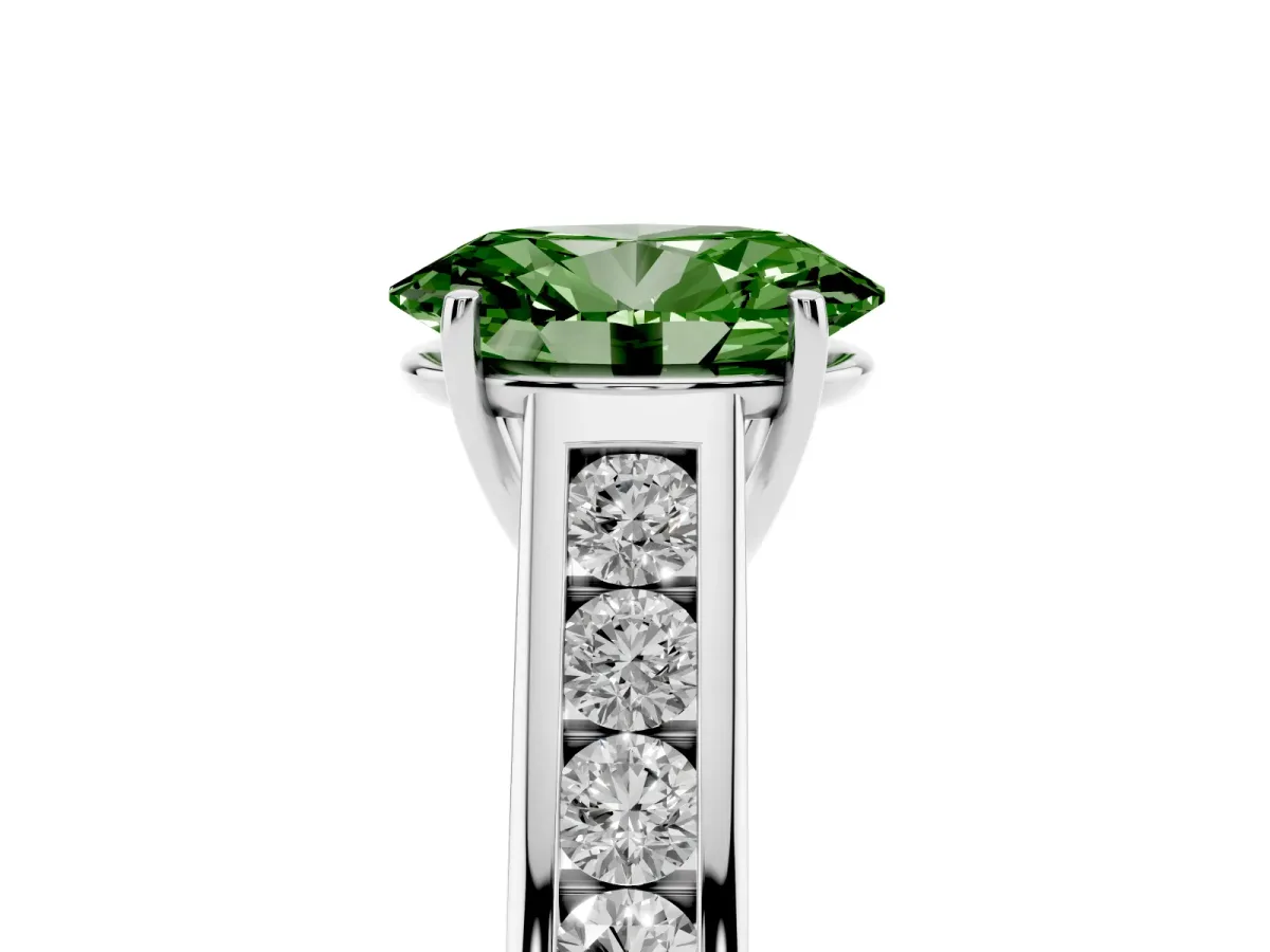Fancy Green Oval Cut Brilliant Channel-Set Solitaire Ring with Four-Prong Setting Platinum