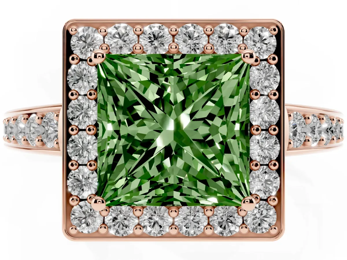 Fancy Green Princess Cut Halo Pavé Diamond Engagement Ring with Bezel Setting Rose gold