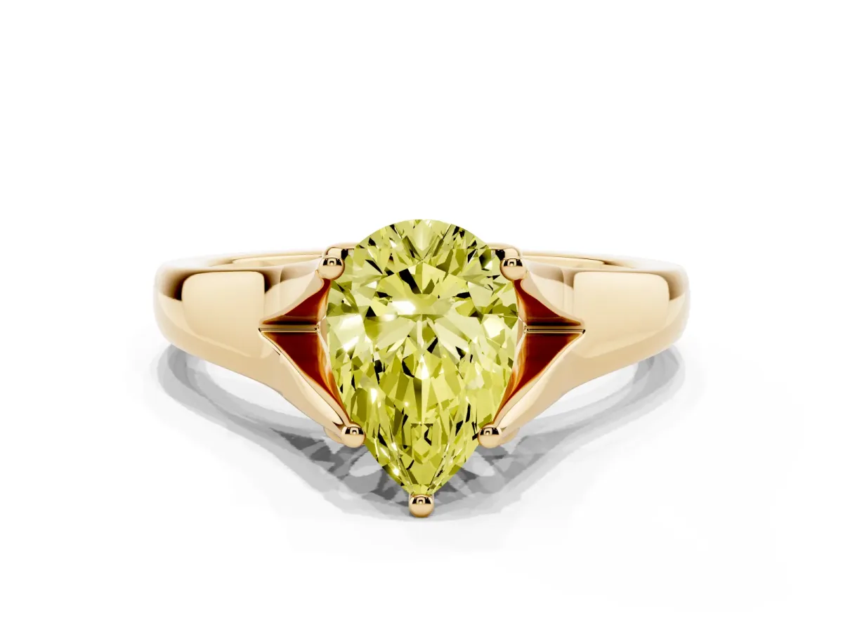 Fancy Yellow Pear Cut Solitaire Diamond Ring with Cathedral Band and Four-Prong Setting Yellow gold