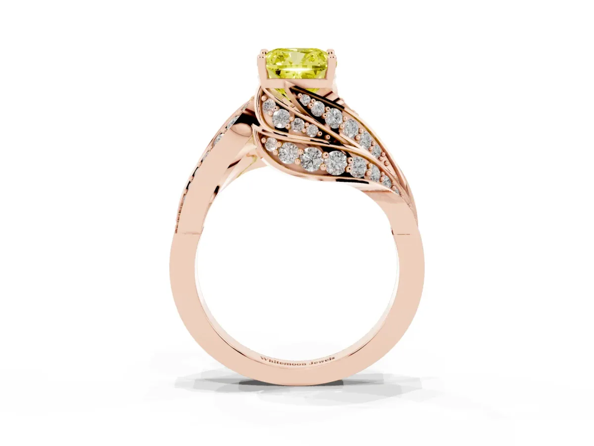 Fancy Yellow Cushion Cut Diamond Solitaire Ring with Prong Setting and Twisted Pavé Band Rose gold