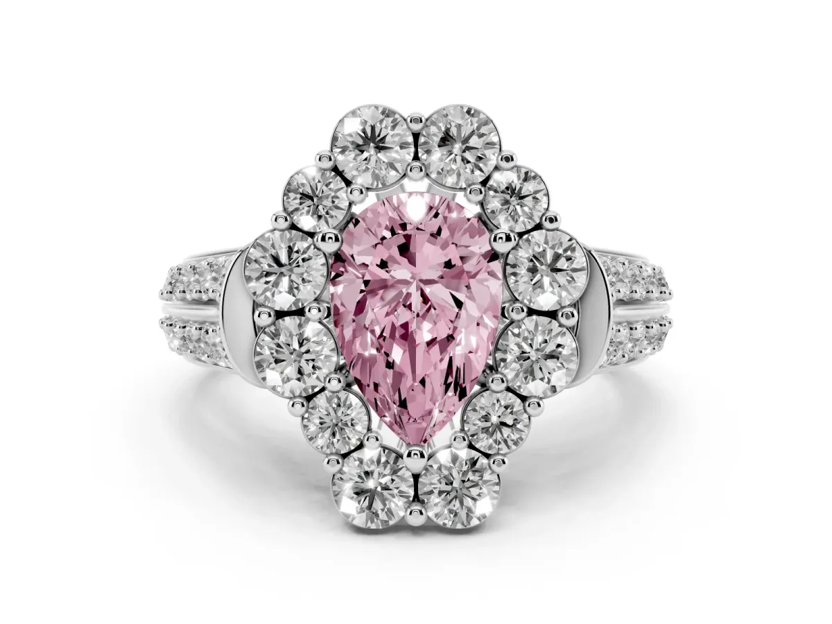 Fancy Pink Pear Cut Halo Diamond Engagement Ring with Split Shank and Prong Setting Platinum
