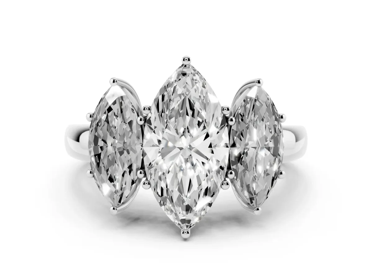 Marquise Cut Diamond Three-Stone Ring with Four-Prong Setting and Classic Band Silver