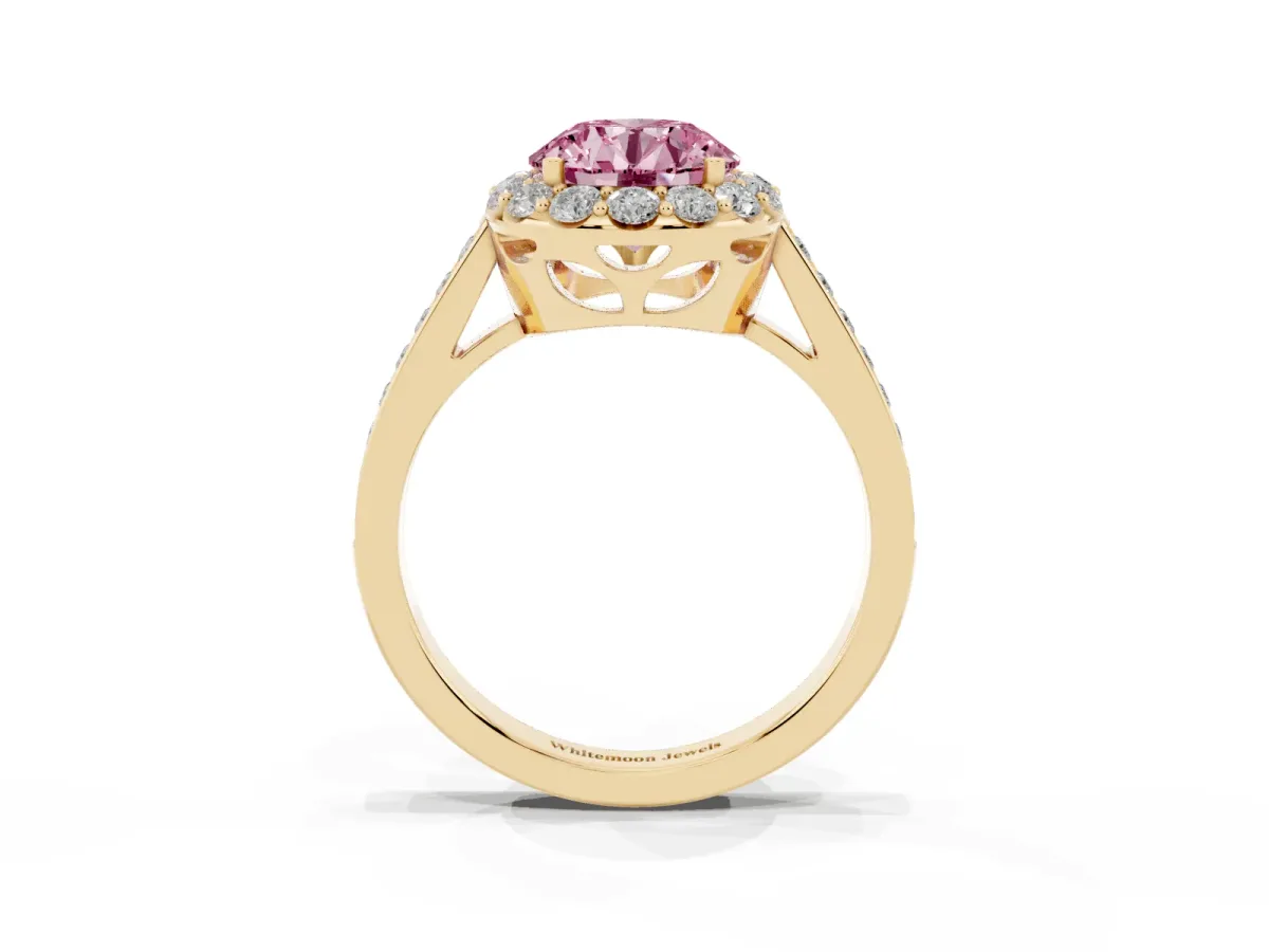Fancy Pink Round Cut Diamond Floral Halo Ring with Pavé Band and Prong Setting Yellow gold