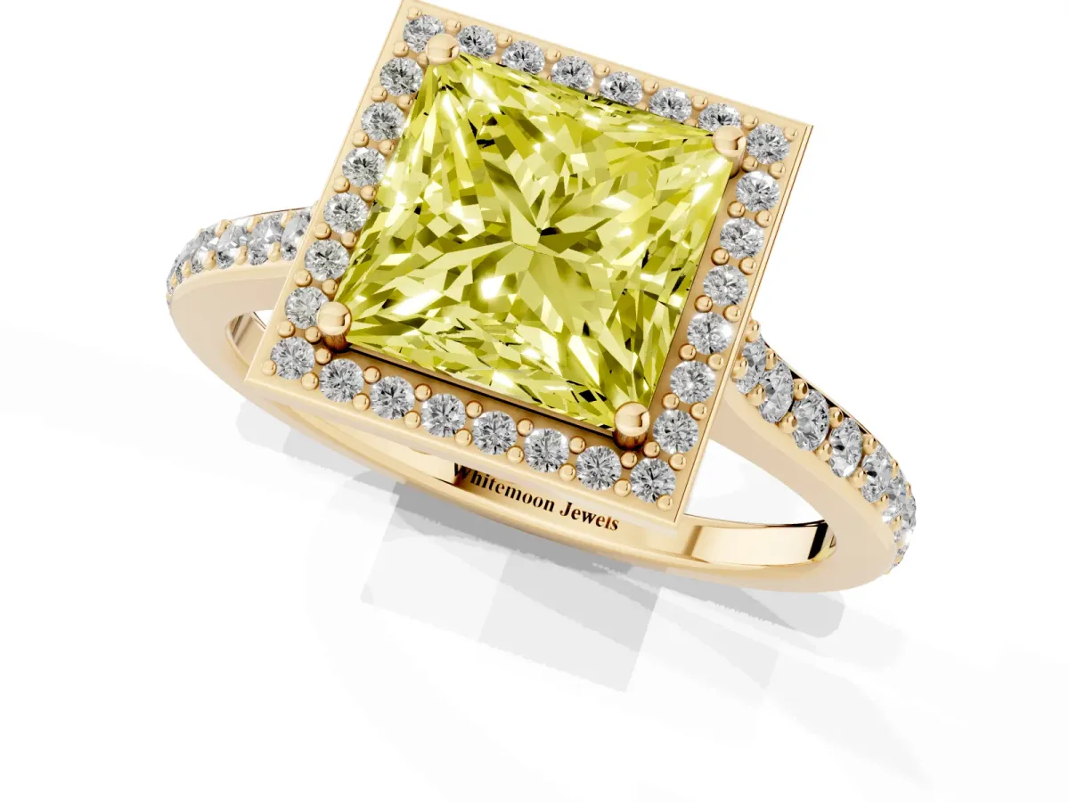 Fancy Yellow Princess Cut Diamond Halo Engagement Ring with Round Pavé Shoulders and Prong Setting Yellow gold