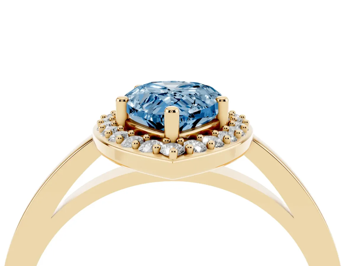 Fancy Blue Pear Cut Halo Diamond Ring with Solitaire Band and Prong Setting Yellow gold