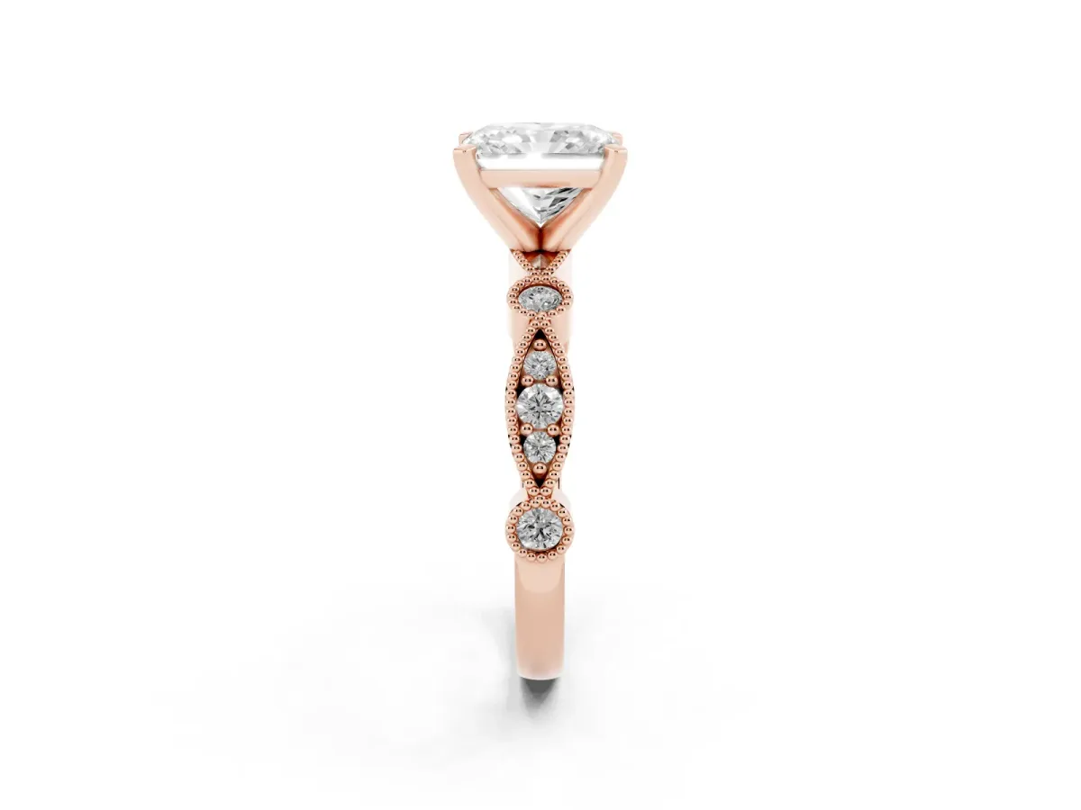 Radiant Cut Milgrain Bezel Diamond Engagement Ring with Solitaire Prong Setting Rose gold