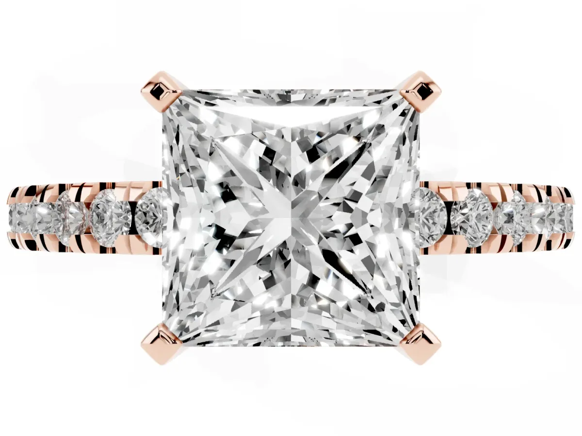 Princess Cut Solitaire Diamond with Pavé Band and Four-Prong Setting Rose gold
