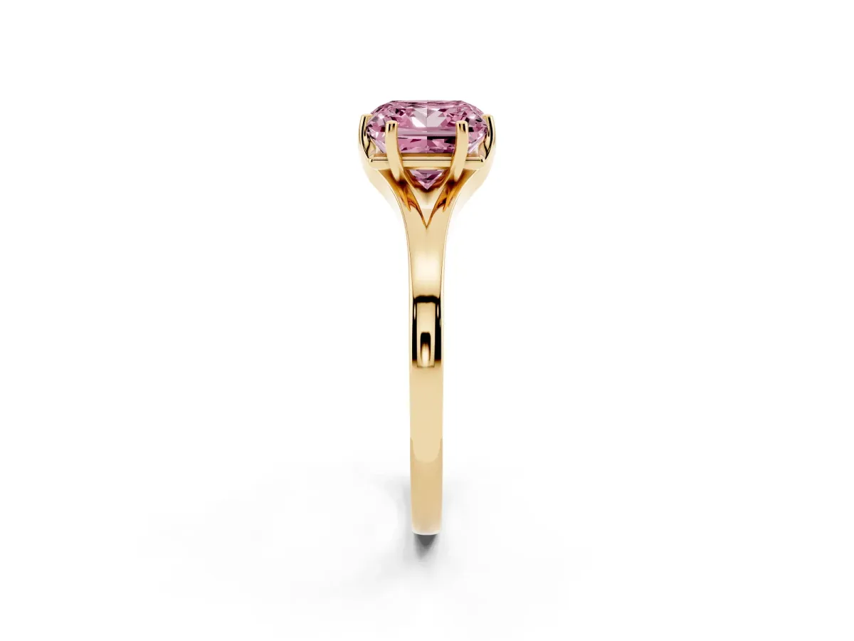 Fancy Pink Princess Cut Solitaire Diamond Ring with Six-Prong Setting and Tapered Band Yellow gold
