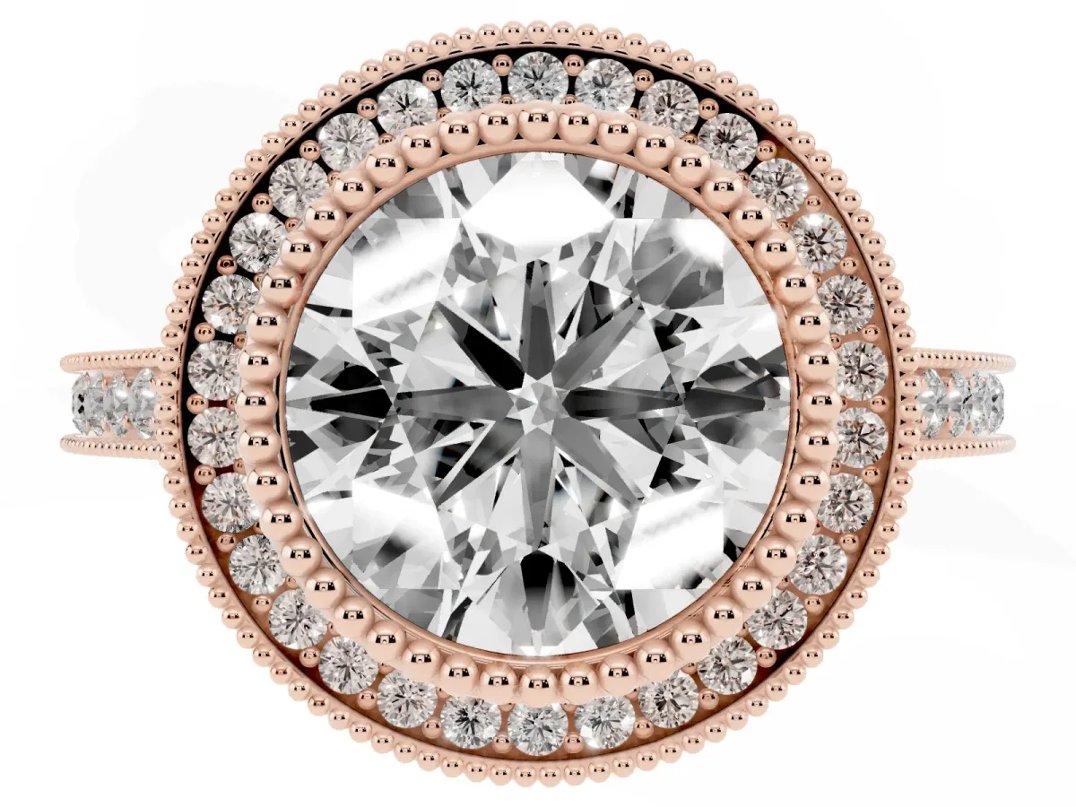 Round Cut Diamond Halo Ring with Milgrain Frame and Pavé Band Rose gold