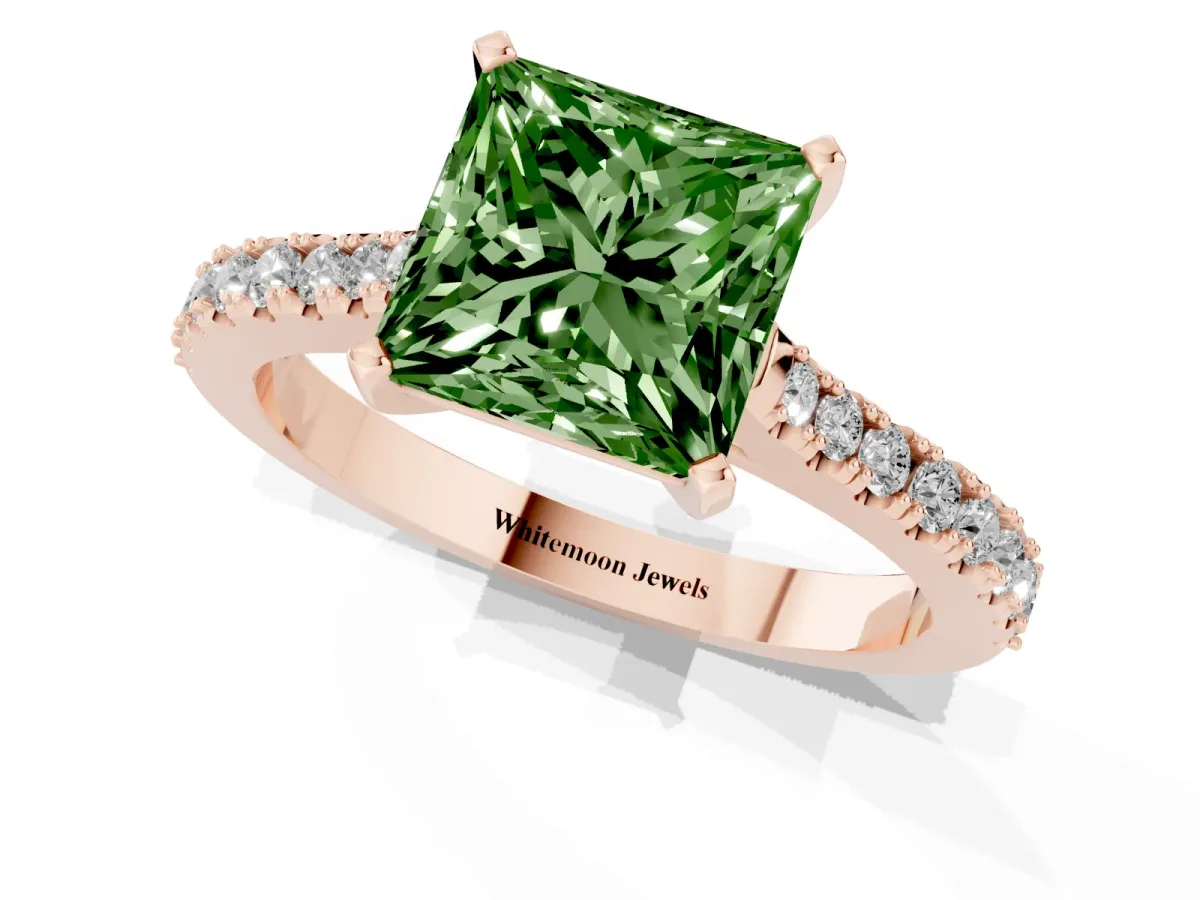Fancy Green Princess Cut Cut Solitaire Diamond Engagement Ring with Pave Band and Four-Prong Setting Rose gold